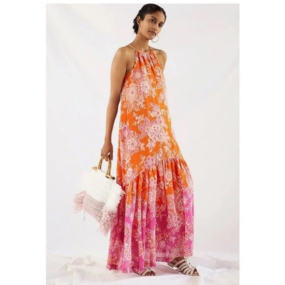 Anthropologie Dresses & Skirts - Maeve Anthropologie Orange and Pink Floral Flounced Hem Halter Maxi Size Large